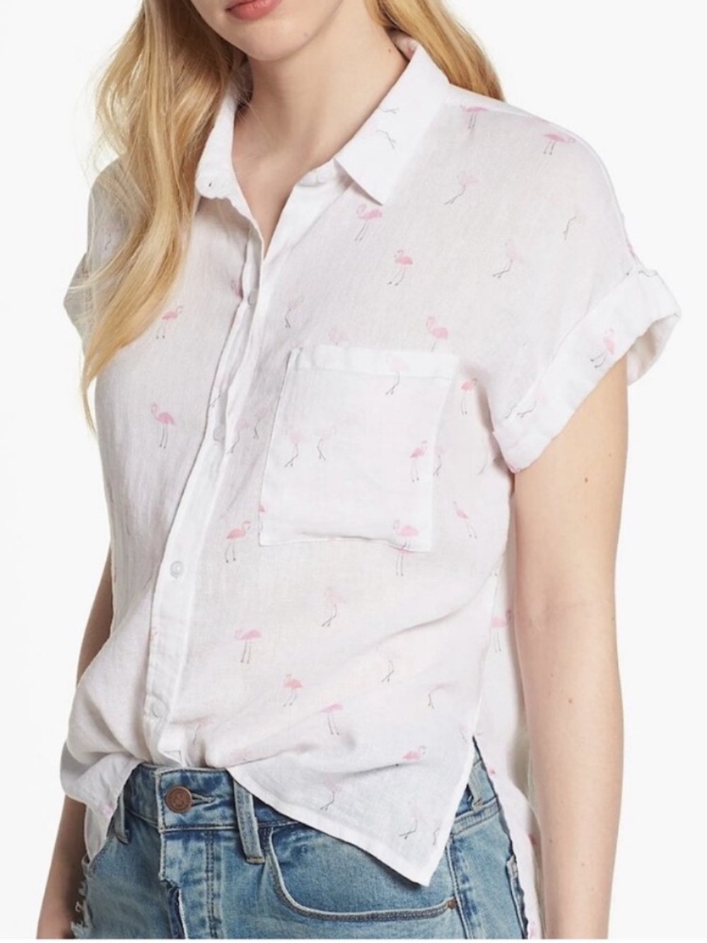 RAILS Whitney Flamingo Print Linen Blend Shirt M Women’s Short Sleeve
